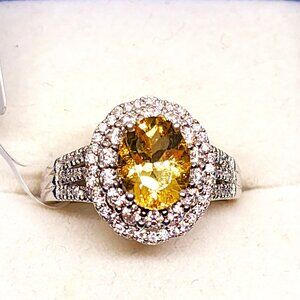 Brazilian Heliodor & Moissanite double Halo ring in Plat/925SS 2.65 cts